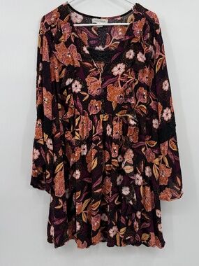 Aveology Top Women 22/24 Black Peach Floral Ruffle Tunic Dress Boho Hippie